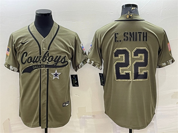 Men's Dallas Cowboys #22 Emmitt Smith Olive 2022 Salute to Service Cool Base Stitched Baseball Jersey